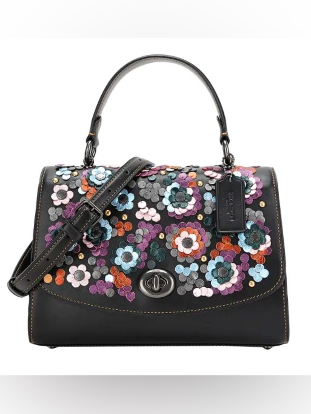 RARE Coach Tilly Top Handle Black Satchel with Colorful Floral Appliqué - F80213